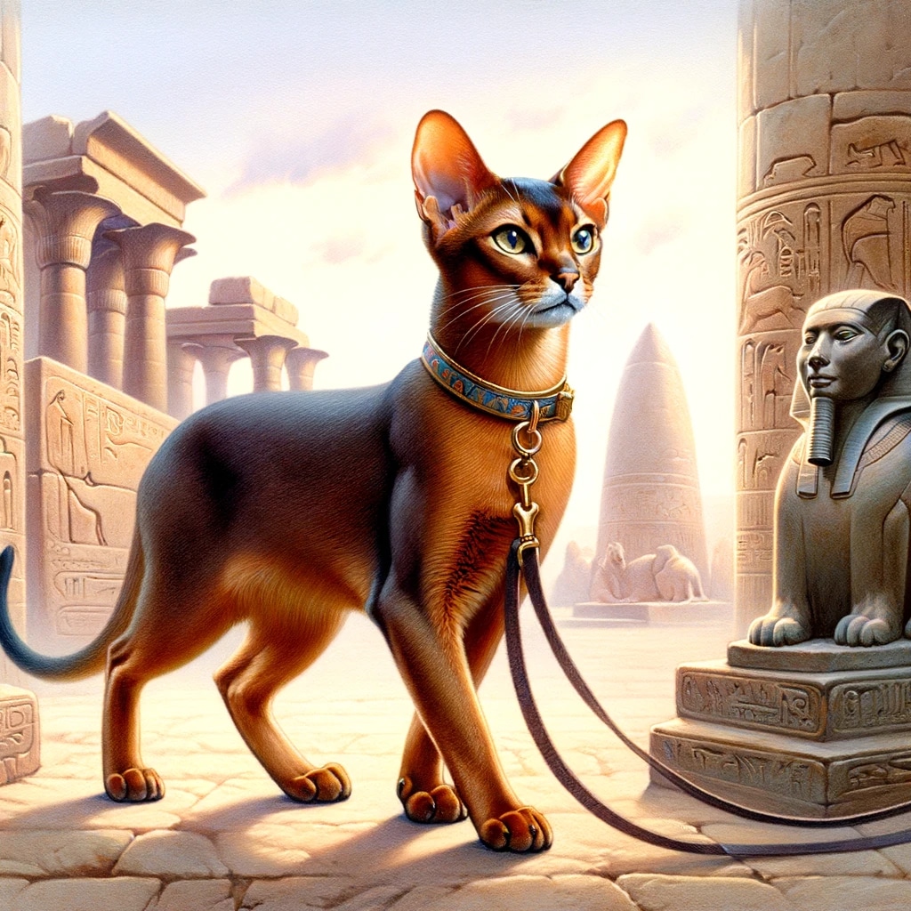 Abyssin dans un cadre égyptien antique, évoquant la malice d'une race de chat ancienne.