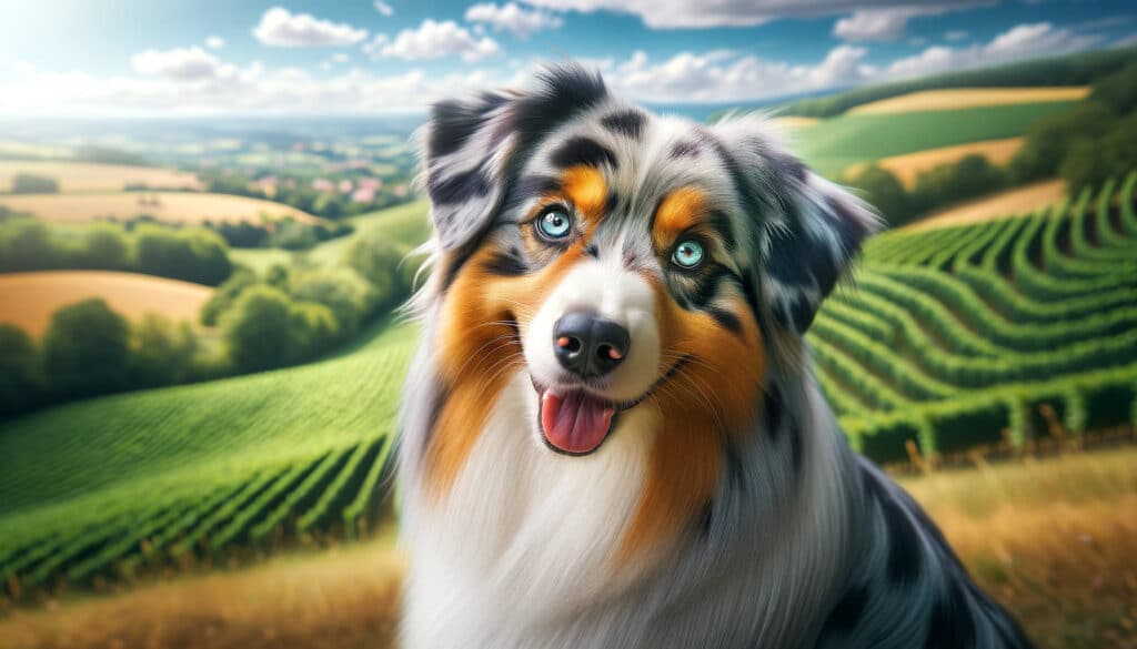 Image d'un Berger Australien, chien préféré des Français, avec un pelage multicolore et des yeux expressifs,