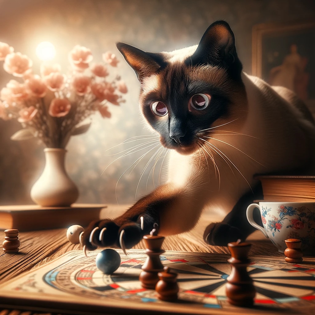 Siamois jouant, symbolisant l'intelligence malicieuse de la race de chat.