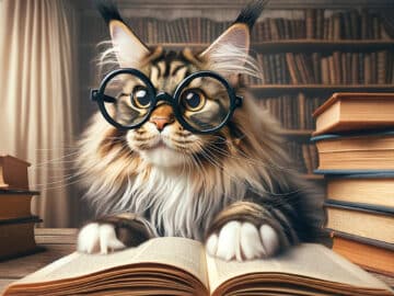Maine Coon portant des lunettes surdimensionnées et lisant un grand livre, un mélange comique d'intelligence et de charme.