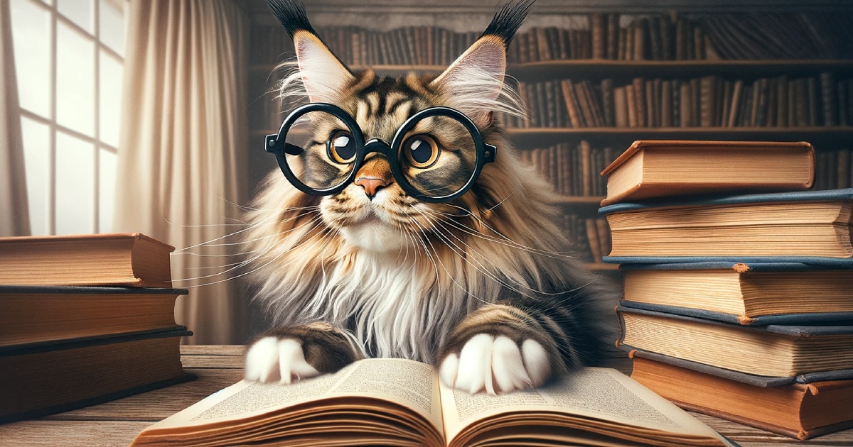 Maine Coon portant des lunettes surdimensionnées et lisant un grand livre, un mélange comique d'intelligence et de charme.