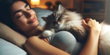 Une femme endormie avec un chat surdimensionné et duveteux reposant confortablement sur sa poitrine, dans une chambre chaleureuse et accueillante