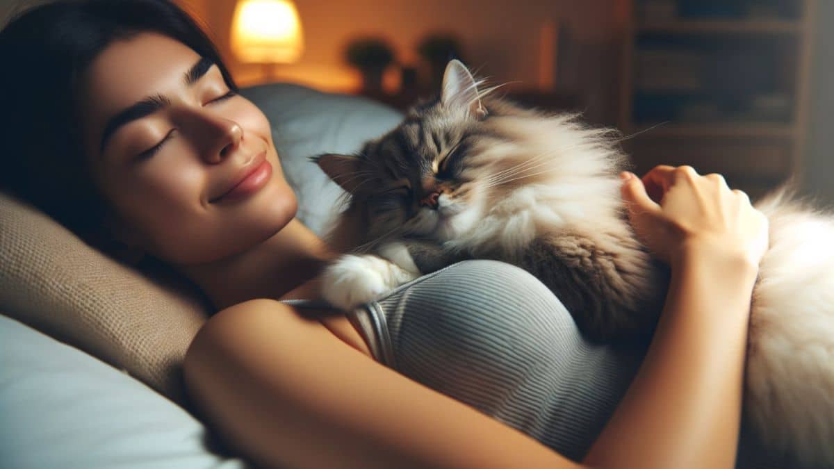 Une femme endormie avec un chat surdimensionné et duveteux reposant confortablement sur sa poitrine, dans une chambre chaleureuse et accueillante
